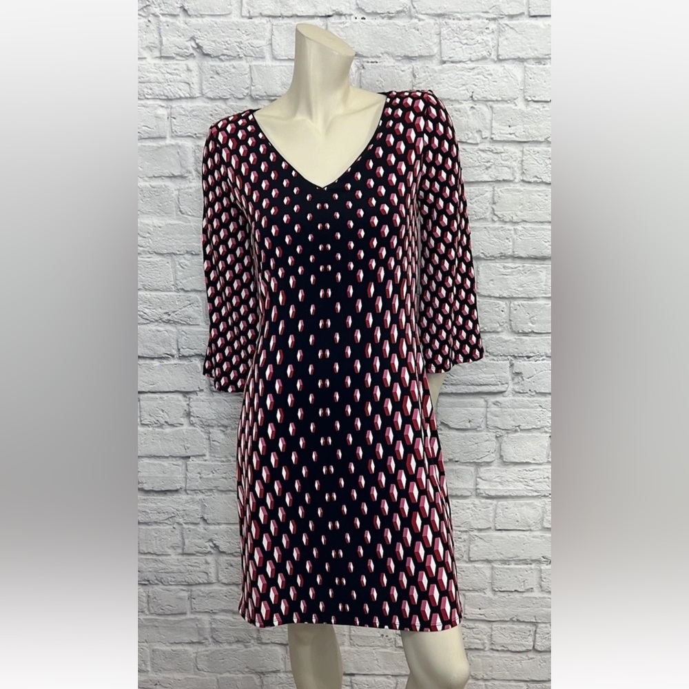 HP WHITE HOUSE BLACK MARKET MULTI COLOR GEOMETRIC PRINT 3/4 SLEEVE DRESS SIZE XS